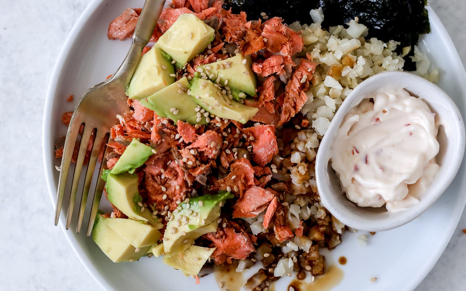 Salmon Nourish Bowl Recipe with Sriracha Egg Free Mayo Dressing Hunter and Gather Foods