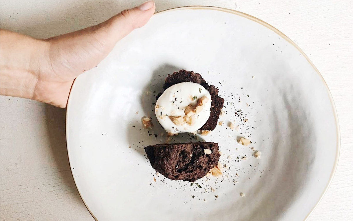 White bowl with chocolate mug cake