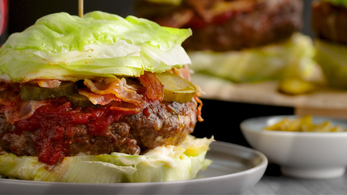 Keto grass fed beef burger with hunter and gather classic tomato ketchup and avocado oil mayonnaise