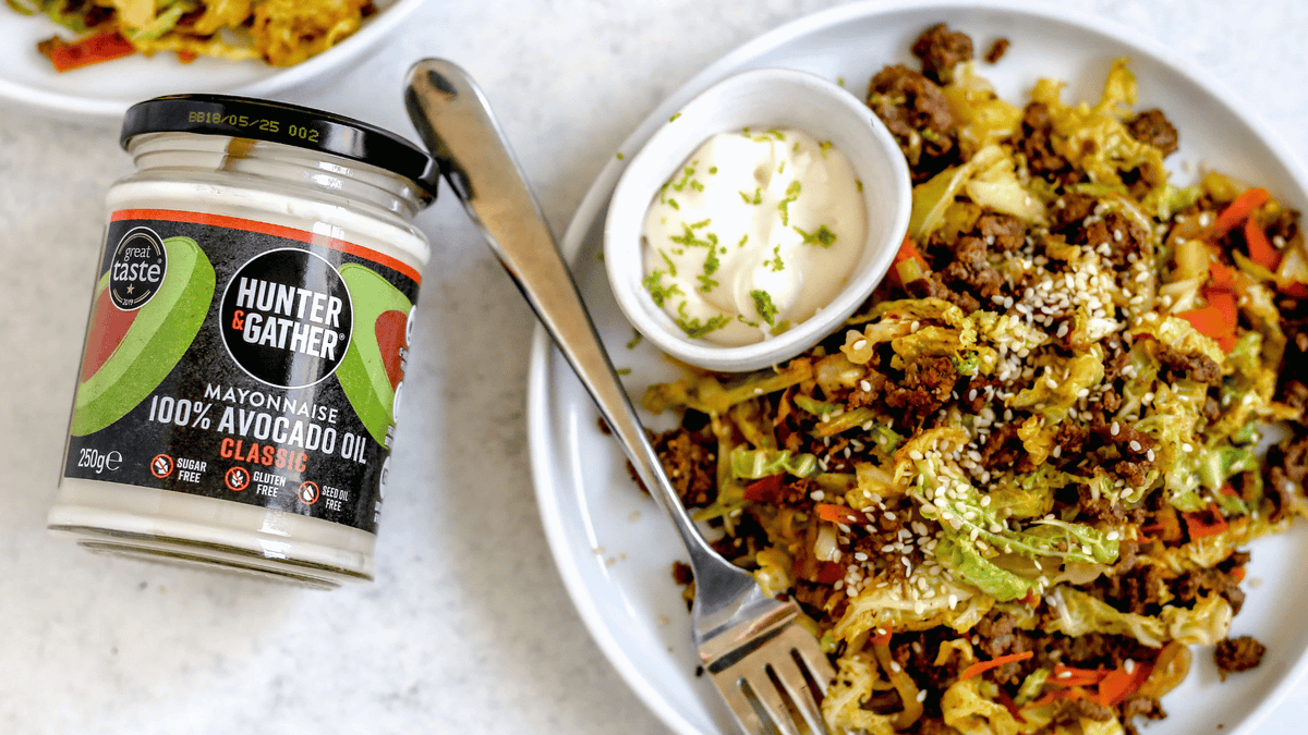 hunter and gather avocado oil mayonnaise with an egg roll in a bowl