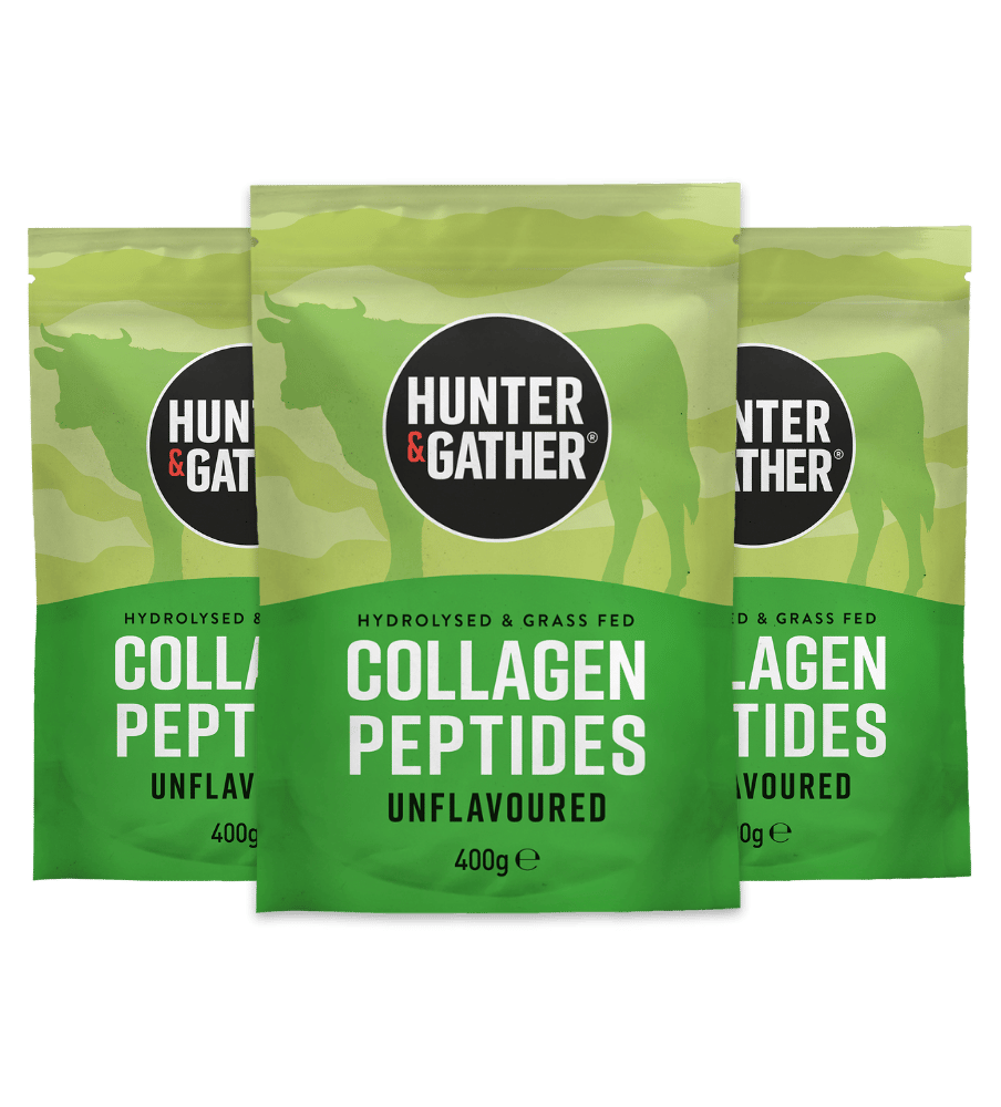 Three packages of Hunter & Gather collagen peptides on a green background
