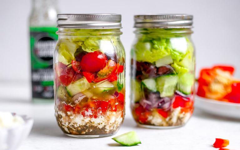 Mason Jar Greek Salad Recipe with Olive Oil Dressing