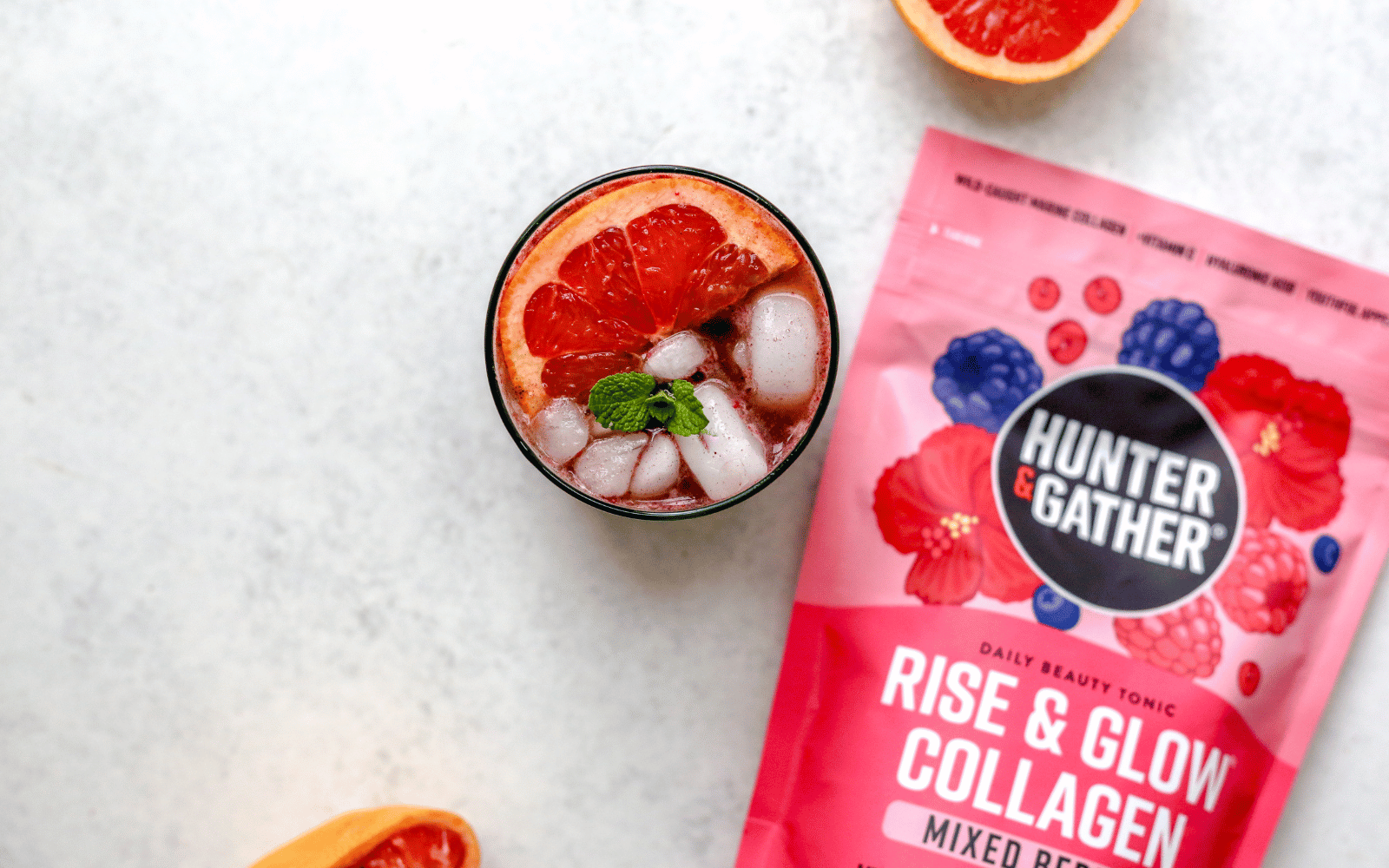 Green Tea Grapefruit Berry Spritzer with Rise & Glow Collagen Hunter