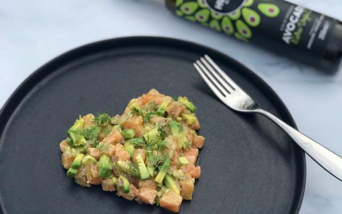 heart shaped salmon raw with avocado oil extra virgin