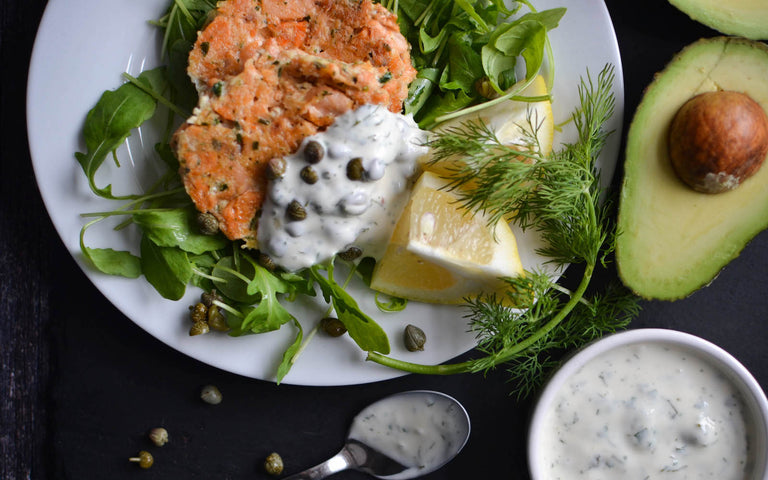 caper dip with patties salmon