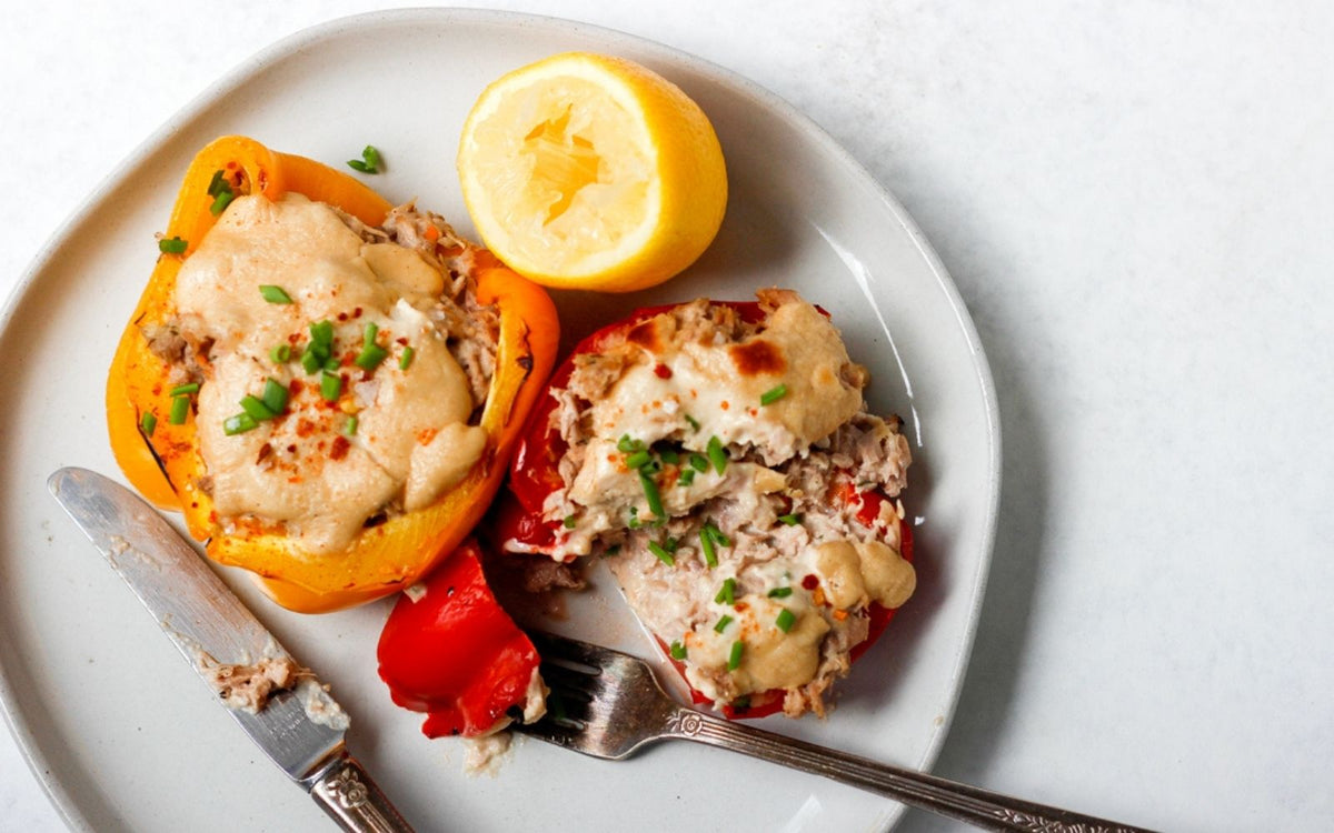 Organic peppers and tuna melt with dairy free cheese from cashews