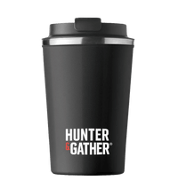 Black travel mug with 'Hunter & Gather' logo on a transparent background