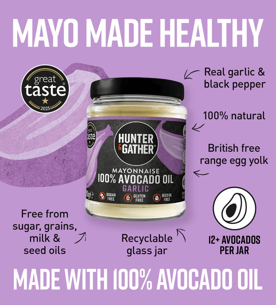  Garlic Avocado Oil Mayonnaise Infographic Hunter & Gather avocado oil mayonnaise jar with purple background and branding elements.