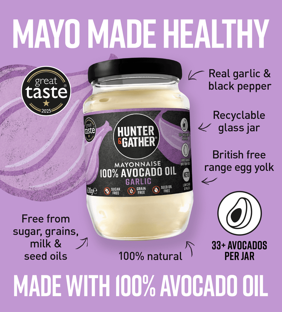  Garlic Avocado Oil Mayonnaise InfographicJar of Hunter & Gather mayonnaise with purple background and text highlighting health benefits