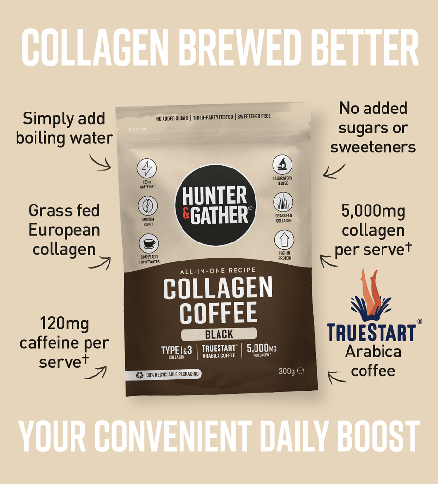 Hunter & Gather Collagen Coffee package with product details on a beige background