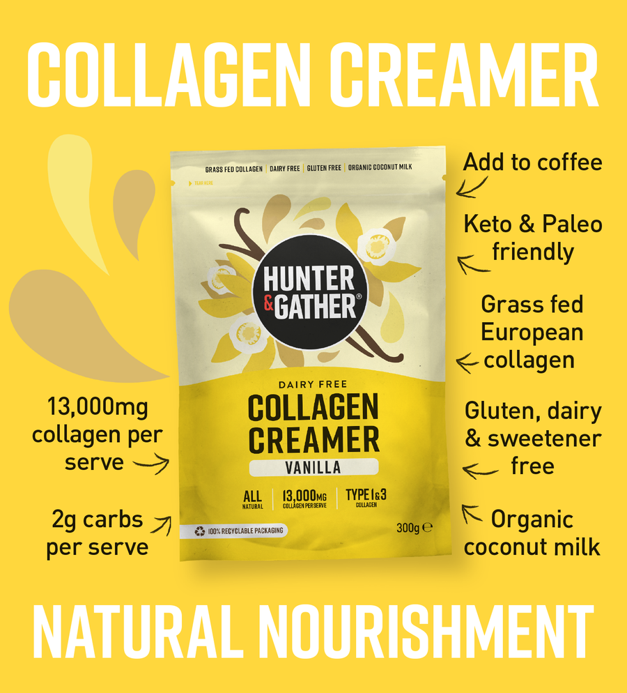  Hunter & Gather Collagen Creamer package on a yellow background with text highlighting features.