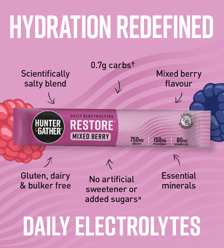  Hunter & Gather Restore Mixed Berry daily electrolytes package on a pink background with text highlighting features.