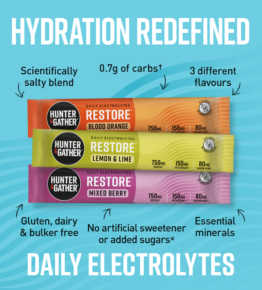  Three Hunter Gather electrolyte powder packets on a blue background with text highlighting features.