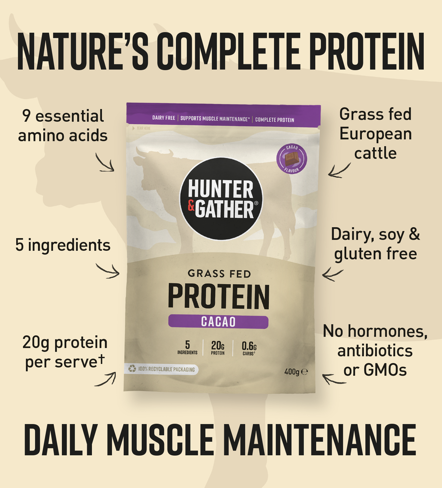 Hunter & Gather protein package with text highlighting features on a beige background