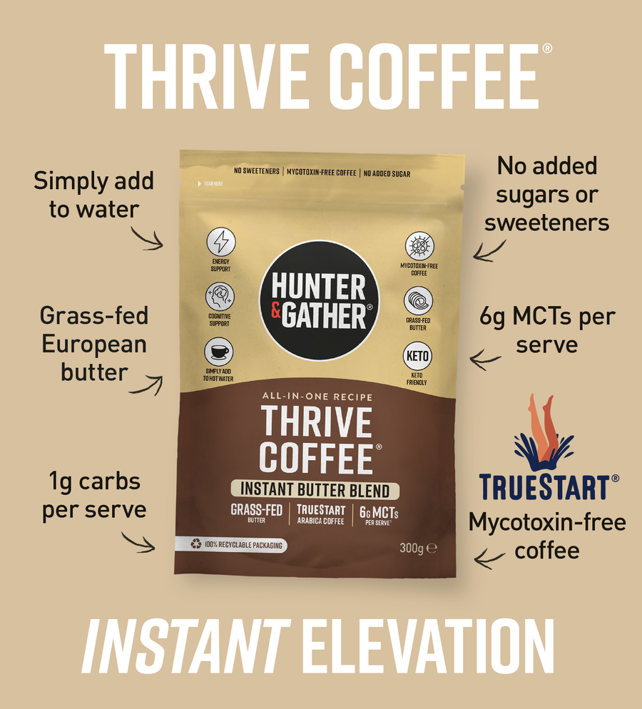  Hunter & Gather Thrive Coffee package with product details on a beige background