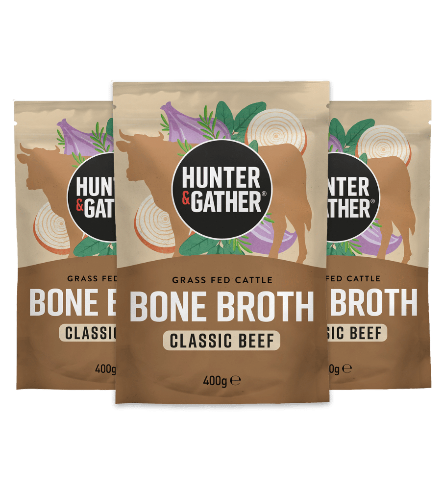 Three packages of Hunter & Gather Classic Beef Bone Broth on a transparent background