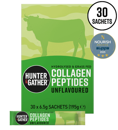 Hunter & Gather Collagen Peptides package with a green background and cow silhouette.