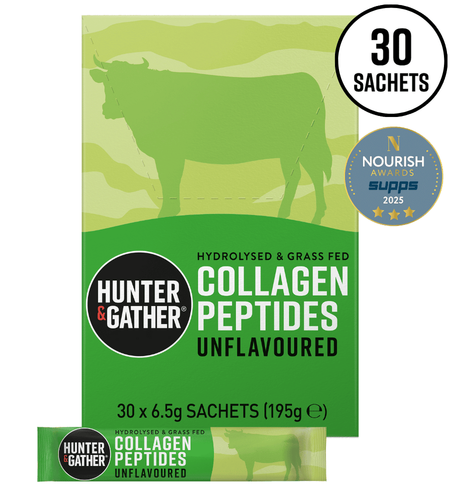 Hunter & Gather Collagen Peptides package with a green background and cow silhouette.