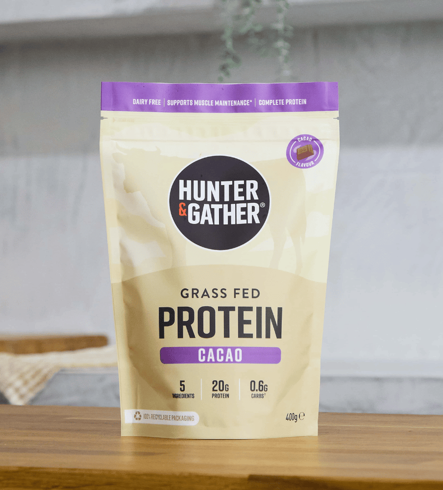 Hunter & Gather protein package on a wooden surface with a neutral background
