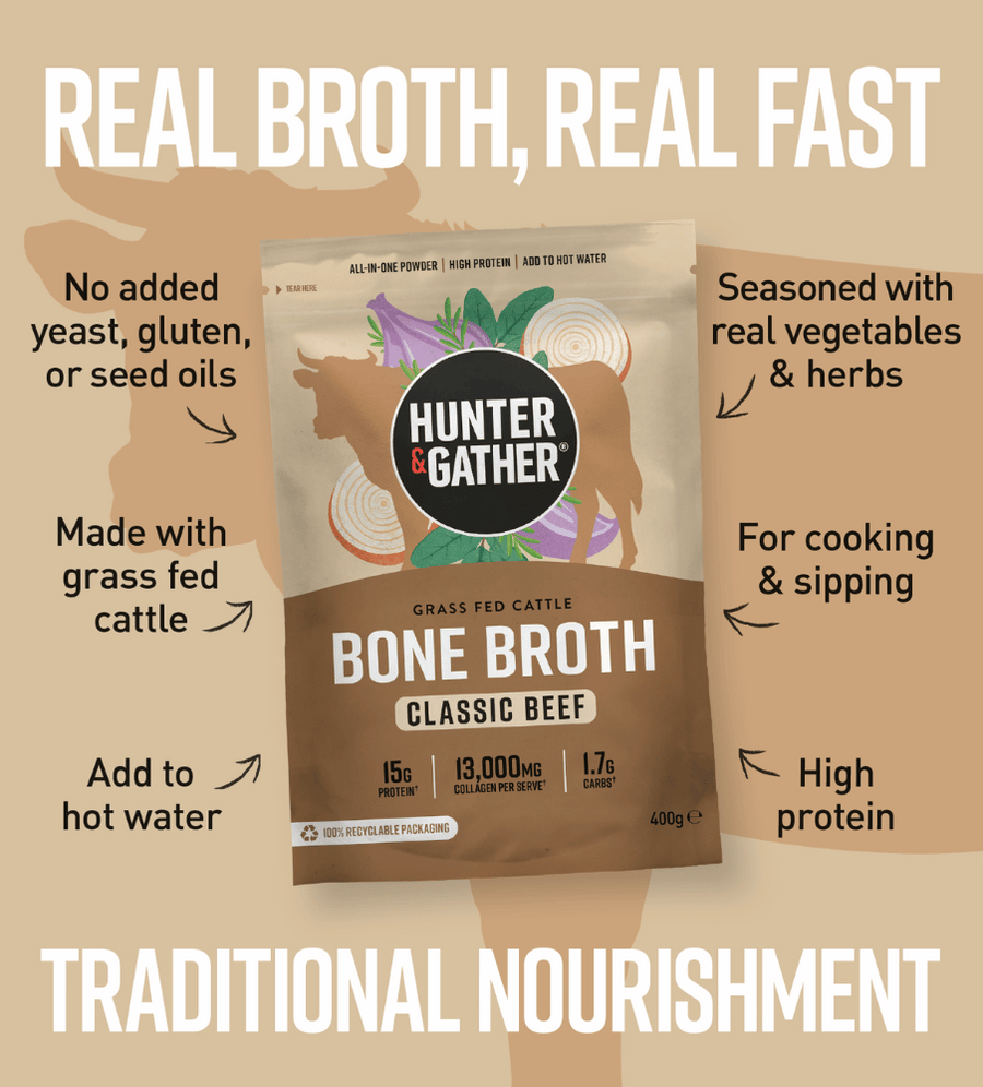  Hunter & Gather Bone Broth package with text highlighting features on a beige background