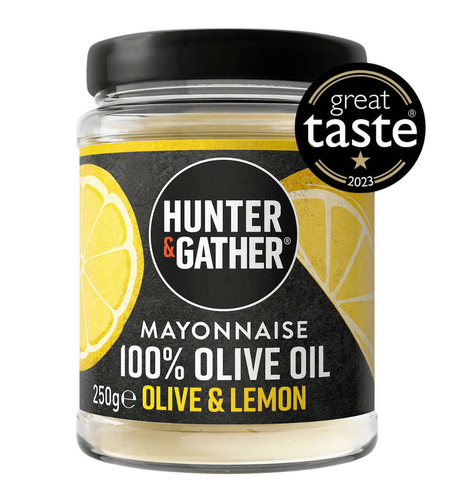 Jar of Hunter & Gather mayonnaise with olive oil and lemon flavor, featuring a Great Taste award badge.