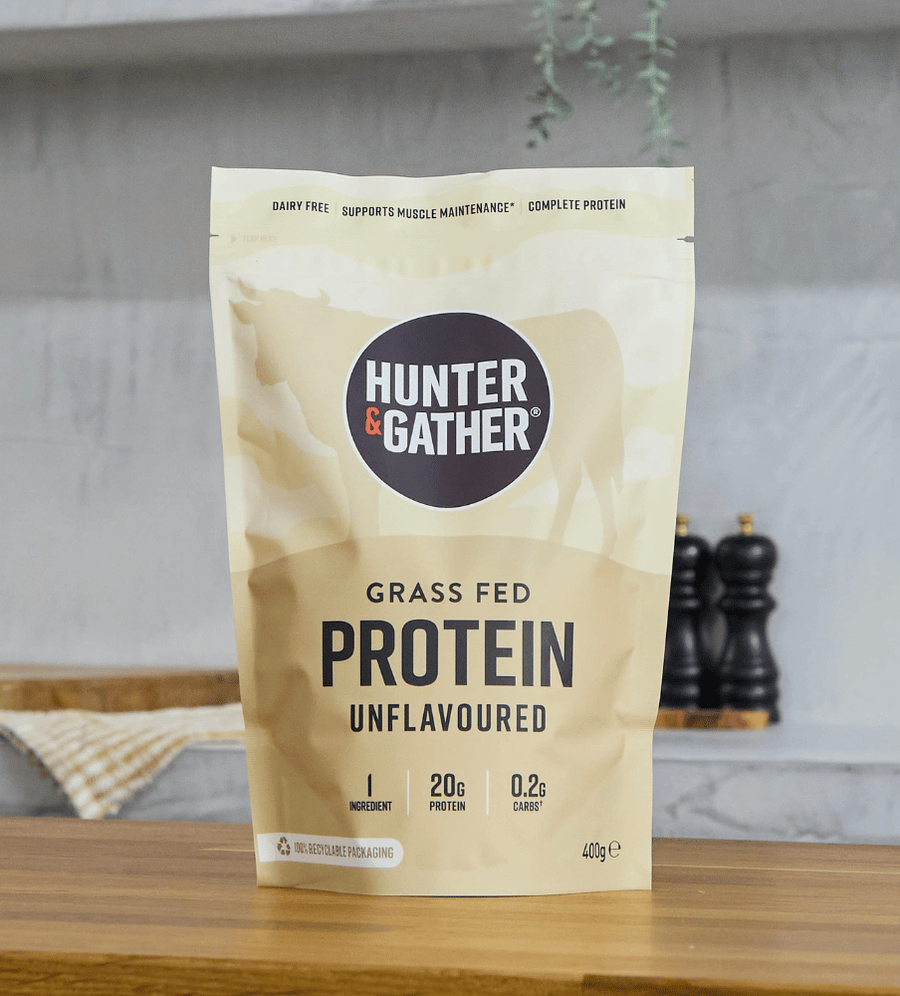 Hunter & Gather protein package on a wooden surface with a neutral background